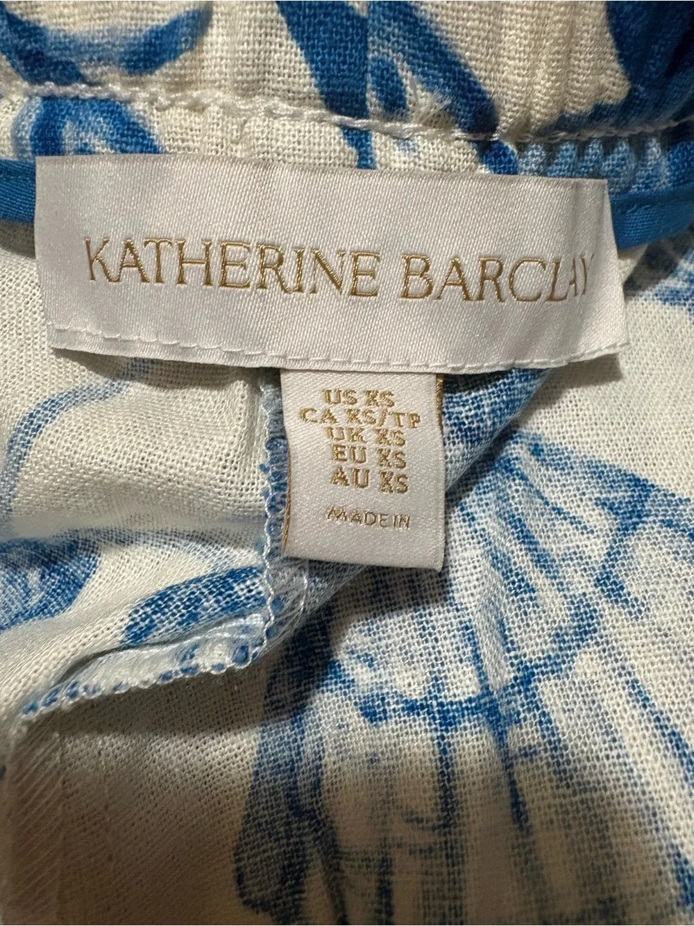 KATHERINE BARCLAY Blue Shell-Print Linen Blend Relaxed Fit Pants—Multi Sizes NWT